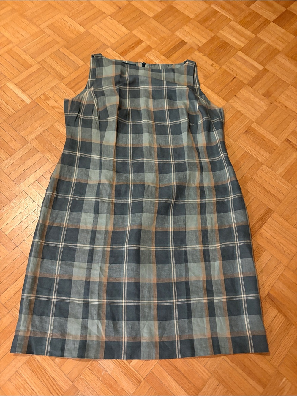 Lauren. Ralf Lauren Sleeveless Plaid Sheath Dress in Slate Blue and Taupe